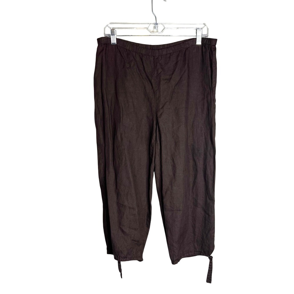 Eileen Fisher Crop Pant Sz XS‎ Brown 100% Irish Linen Capri Tie Cuff Neutral